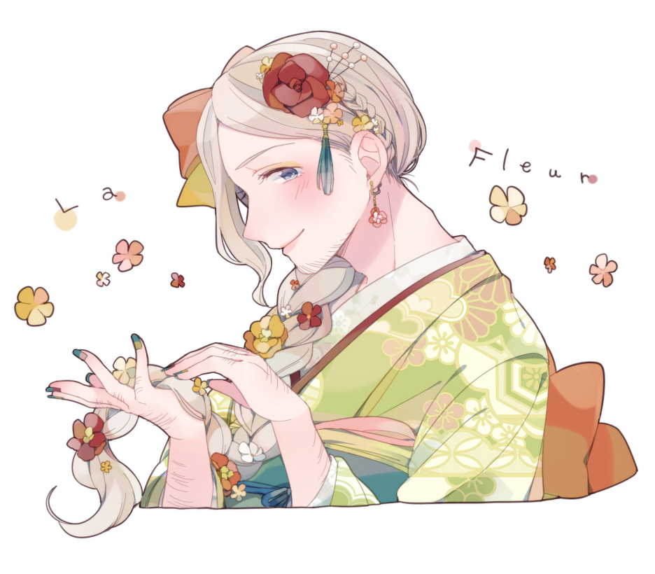 saku anna, france (hetalia), axis powers hetalia, commentary request, 1boy, alternate costume, alternate hair length, alternate hairstyle, back bow, belt, blonde hair, blue belt, blue eyes, blue nails, blue ribbon, blush, bow, braid, closed mouth, earrings, eyeshadow, facial hair, floral print, flower, flower earrings, french text, green kimono, green nails, hair bow, hair flower, hair ornament, hands up, holding, holding own hair, japanese clothes, jewelry, kikkoumon, kimono, long hair, long sleeves, looking at viewer, low-braided long hair, low-tied long hair, makeup, male focus, multicolored nails, nail polish, orange bow, orange flower, pink lips, red flower, red nails, ribbon, simple background, single braid, single sidelock, smile, solo, tassel, tassel hair ornament, upper body, white background, white flower, wide sleeves, yellow eyeshadow, yellow flower