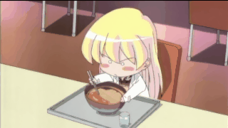 rebecca miyamoto, pani poni dash!, animated, animated gif, anime screenshot, lowres, 00s, chibi, child, cup, drinking glass, eating, food, noodles, ramen, solo