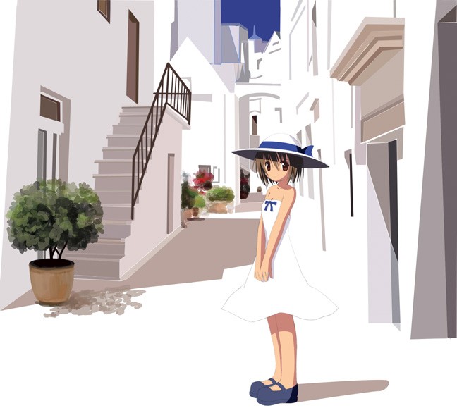 aikawa touma, architecture, bare shoulders, bow, brown hair, city, day, dress, hat, hat ribbon, mary janes, plant, potted plant, ribbon, shoes, short hair, solo, stairs, strapless, sun hat, sundress, white theme