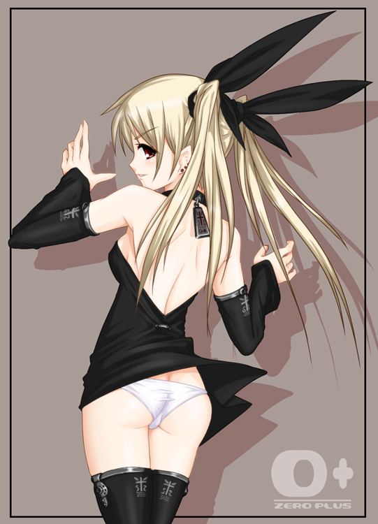 toshime zerozero, original, 1girl, back, black thighhighs, blonde hair, boots, bow, brown eyes, collar, detached sleeves, ear piercing, earrings, female focus, from behind, hair ribbon, jewelry, looking back, lowleg, lowleg panties, panties, pantyshot, piercing, pointy ears, ribbon, solo, standing, thigh boots, thighhighs, twintails, underwear, white panties