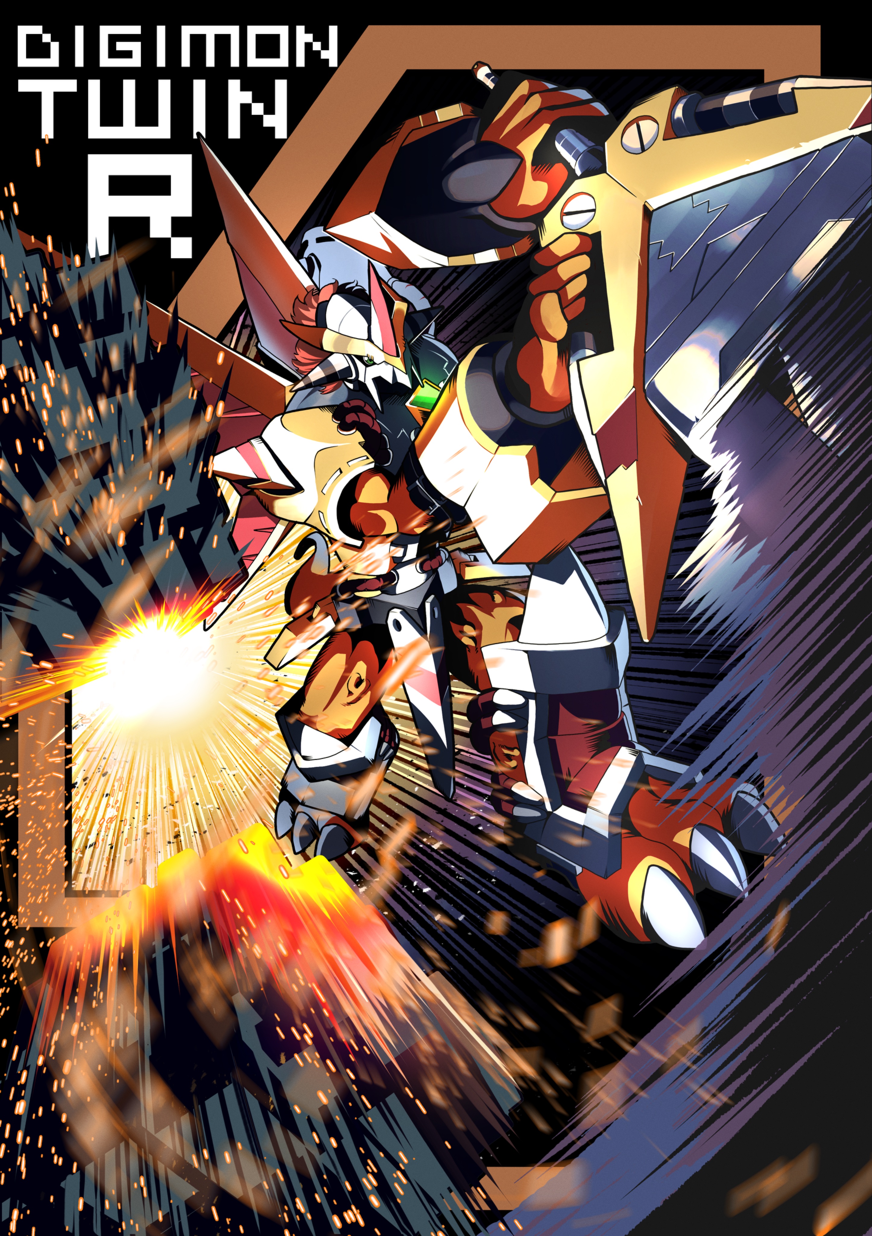 papipupepopth, victorygreymon, digimon, absurdres, highres, armor, battle, digimon (creature), dragon, explosion, full body, green eyes, holding, holding sword, holding weapon, red hair, short hair, shoulder spikes, smear frame, spikes, sword, weapon, yellow armor