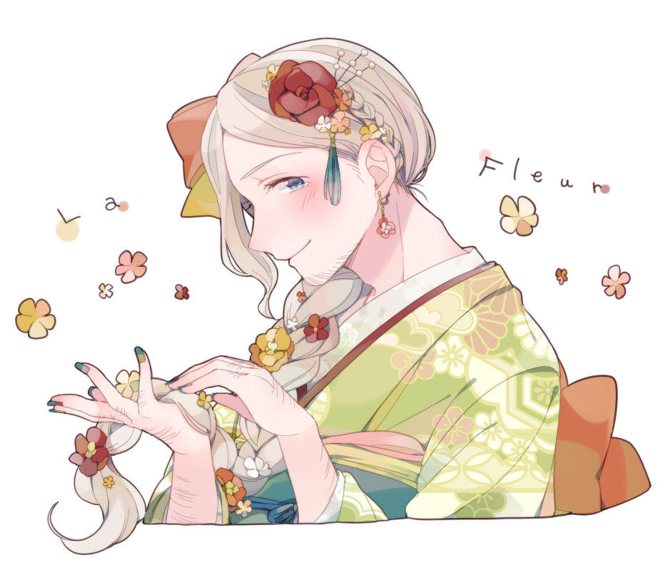 saku anna, france (hetalia), axis powers hetalia, commentary request, 1boy, alternate costume, alternate hair length, alternate hairstyle, back bow, belt, blonde hair, blue belt, blue eyes, blue nails, blue ribbon, blush, bow, braid, closed mouth, earrings, facial hair, floral print, flower, flower earrings, french text, green kimono, green nails, hair bow, hair flower, hair ornament, hands up, holding, holding own hair, japanese clothes, jewelry, kikkoumon, kimono, long hair, long sleeves, looking at viewer, low-braided long hair, low-tied long hair, male focus, multicolored nails, nail polish, orange bow, orange flower, red flower, red nails, ribbon, simple background, single braid, single sidelock, smile, solo, tassel, tassel hair ornament, upper body, white background, white flower, wide sleeves, yellow flower