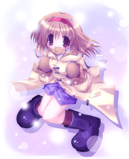 paco, tsukimiya ayu, kanon, 1girl, backpack, bag, boots, brown hair, brown mittens, coat, eating, female focus, food, hairband, knees together feet apart, mittens, mouth hold, purple boots, randoseru, red eyes, short hair, shorts, snow, solo, taiyaki, wagashi, wings
