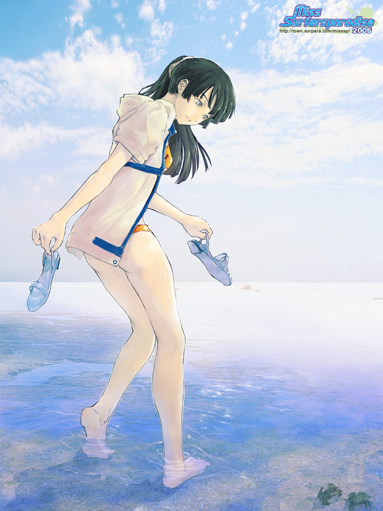 santouhei (3tohei), original, 1girl, animal, beach, bikini, cloud, crab, crustacean, day, female focus, green hair, grey eyes, holding, holding shoes, holding unworn clothes, outdoors, ponytail, sandals, shoes, solo, swimsuit, unworn shoes, water