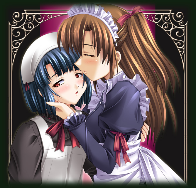 kariga, original, 2girls, apron, blue hair, blush, brown hair, closed eyes, long hair, maid, maid apron, maid headdress, multiple girls, short hair, yuri