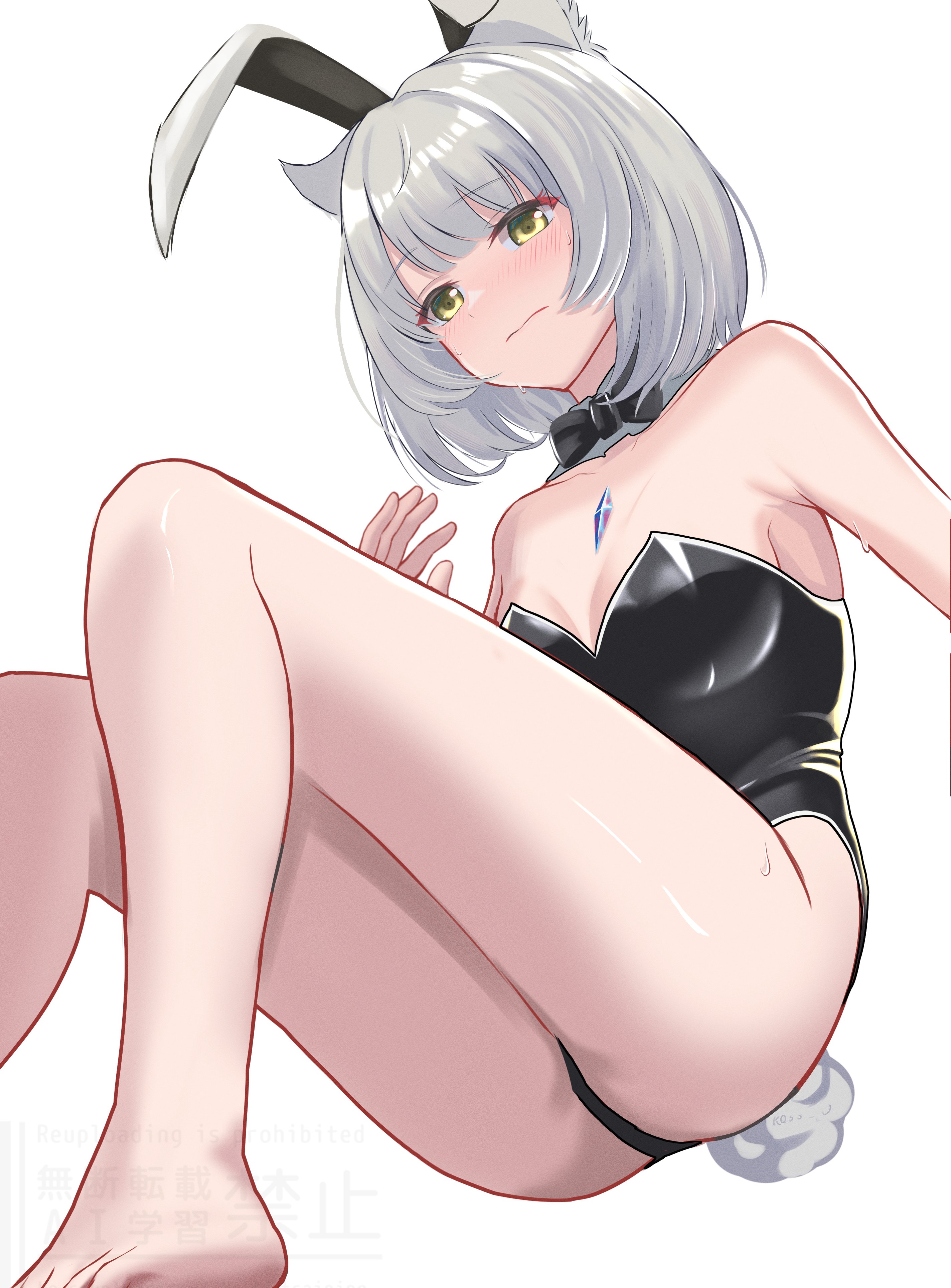 k0oo 0, mio (xenoblade), xenoblade chronicles (series), xenoblade chronicles 3, absurdres, highres, 1girl, animal ears, bare shoulders, barefoot, black leotard, breasts, cat ears, cat girl, fake animal ears, fake tail, grey hair, leotard, medium breasts, playboy bunny, rabbit ears, rabbit tail, simple background, solo, strapless, strapless leotard, tail, white background, yellow eyes