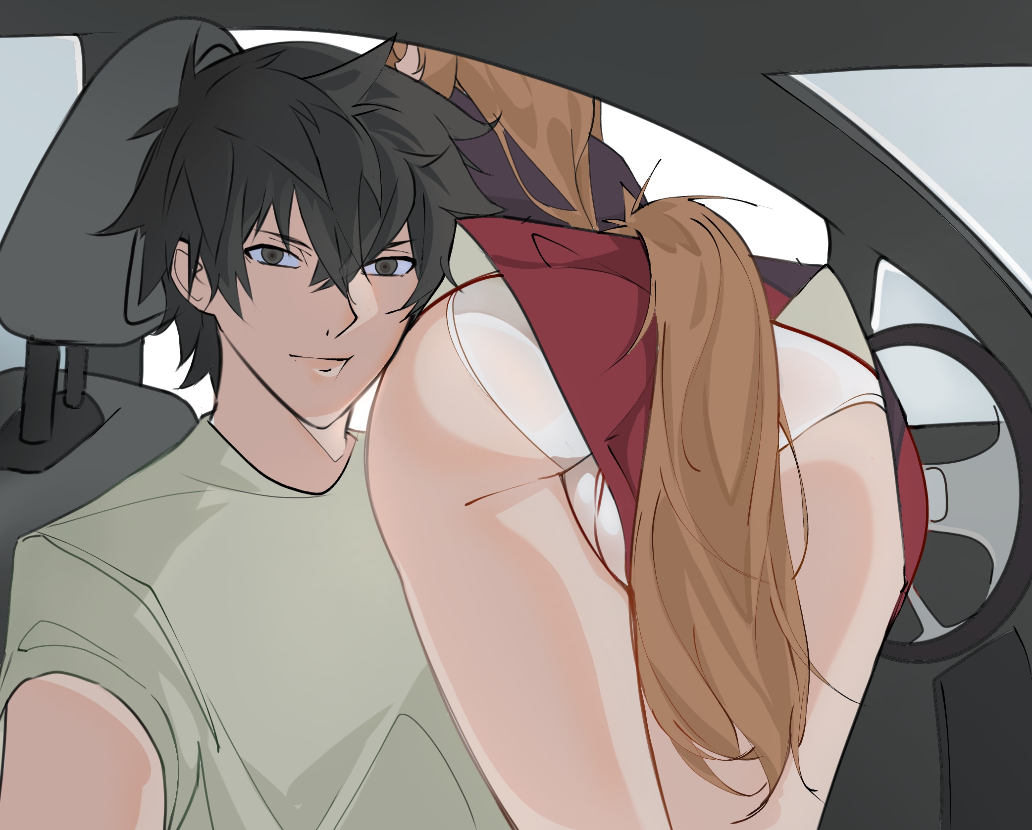 rizuto, iwatani naofumi, raphtalia, tate no yuusha no nariagari, commentary, highres, 1boy, 1girl, ass, ass focus, black dress, black hair, brown hair, car interior, cowboy shot, dress, green shirt, hair between eyes, he wants to order (meme), long hair, looking at viewer, meme, messy hair, portrait, raccoon girl, raccoon tail, red dress, shirt, short hair, sitting, smile, straight-on, tail, two-tone dress