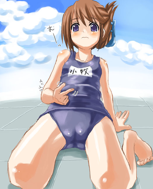 55kb, komaki manaka, to heart (series), to heart 2, 00s, 1girl, cameltoe, cloud, day, female focus, folded ponytail, name tag, one-piece swimsuit, pinching, school swimsuit, solo, swimsuit, tears