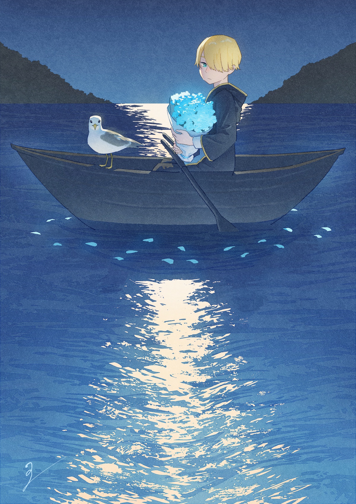 ito yoshi, original, chinese commentary, commentary request, highres, 1boy, bird, black robe, blonde hair, blue flower, boat, bouquet, closed mouth, expressionless, film grain, flower, hair over one eye, holding, holding bouquet, lake, long bangs, long sleeves, looking at viewer, looking to the side, male focus, moonlight, night, on boat, one eye covered, outdoors, robe, seagull, short hair, sitting, solo, turning head, very short hair, water, watercraft, wide sleeves