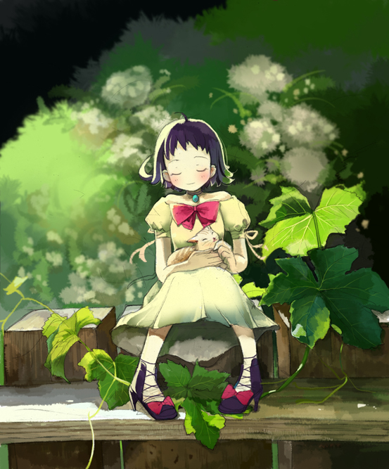tako ashin, 1girl, animal, animal on lap, cat, cat on lap, closed eyes, female focus, high heels, korea, leaf, nature, on lap, ribbon, shoes, short hair, sitting, solo