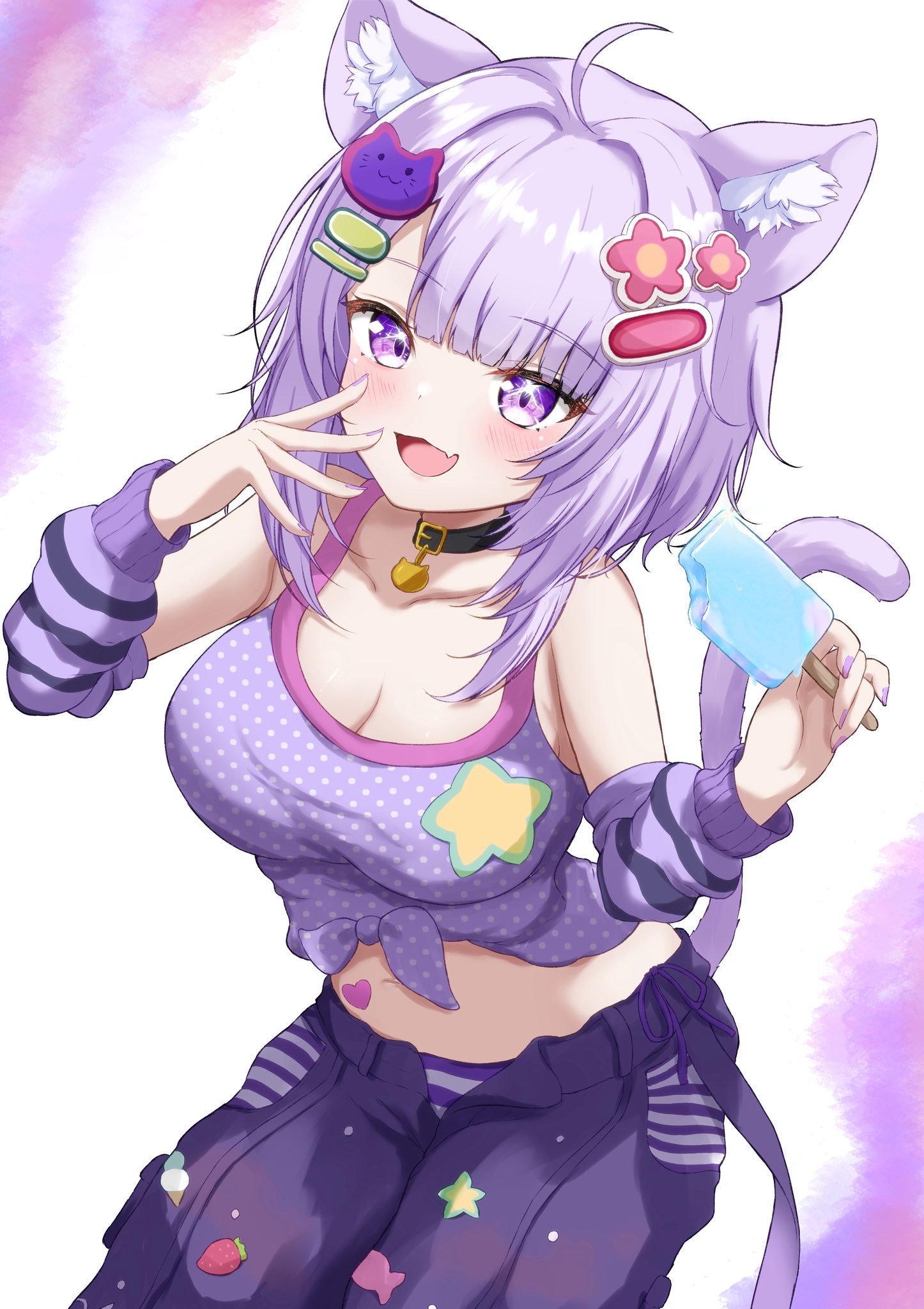 rinkaa (lovelive765pro2), nekomata okayu, hololive, commentary request, highres, 1girl, alternate costume, animal ear fluff, animal ears, bare shoulders, breasts, cat ears, cat girl, cat tail, cleavage, cowboy shot, food, large breasts, medium hair, navel, pants, popsicle, purple eyes, purple hair, purple shirt, shirt, solo, tail, tied shirt, virtual youtuber