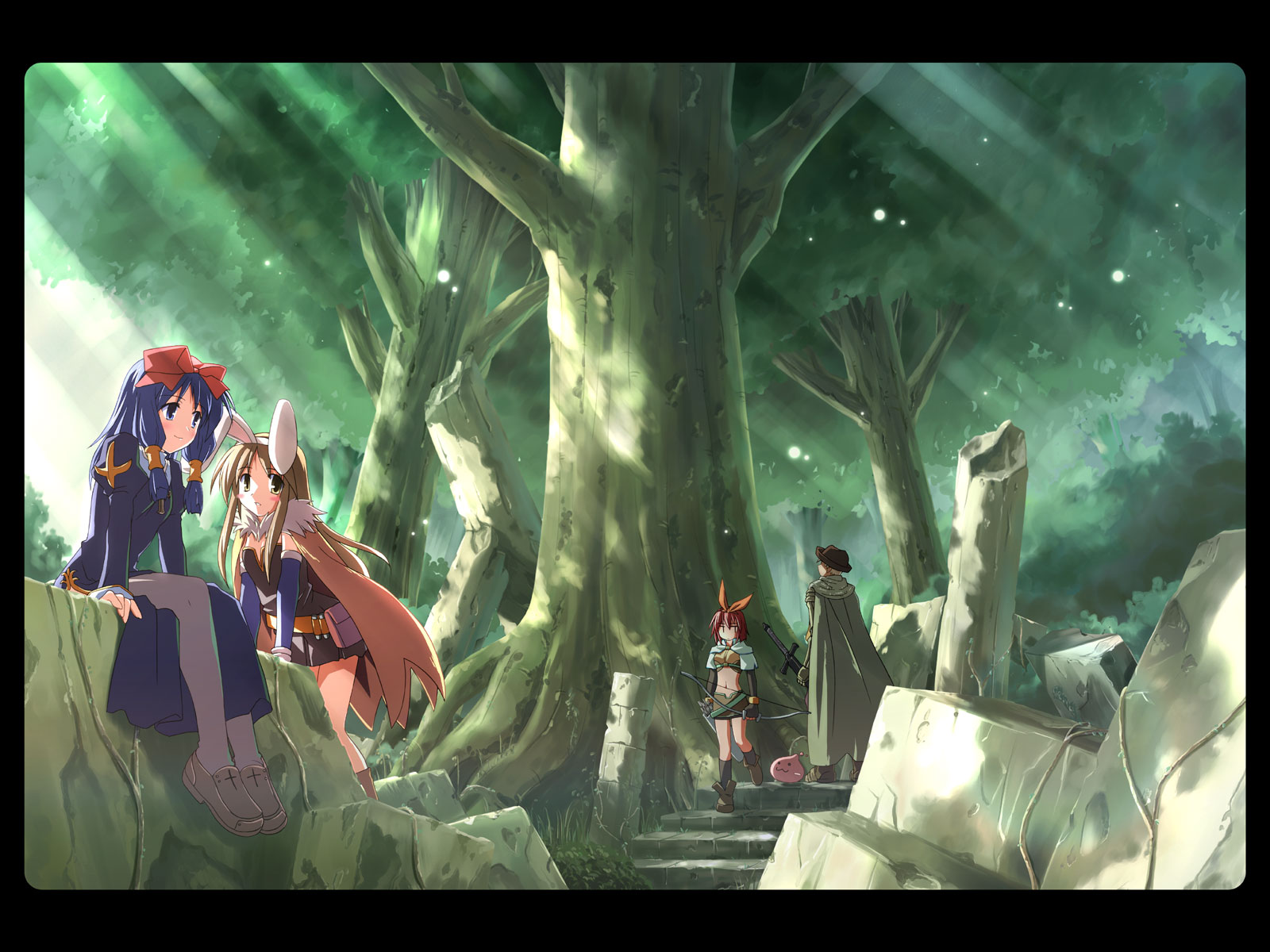 yuuki tatsuya, alchemist (ragnarok online), hunter (ragnarok online), knight (ragnarok online), poring, priest (ragnarok online), ragnarok online, highres, 1boy, 3girls, alchemist, animal ears, bow, forest, hunter, knight, multiple girls, nature, outdoors, priest, priestess, rabbit ears, ribbon, ruins, scenery, sword, weapon