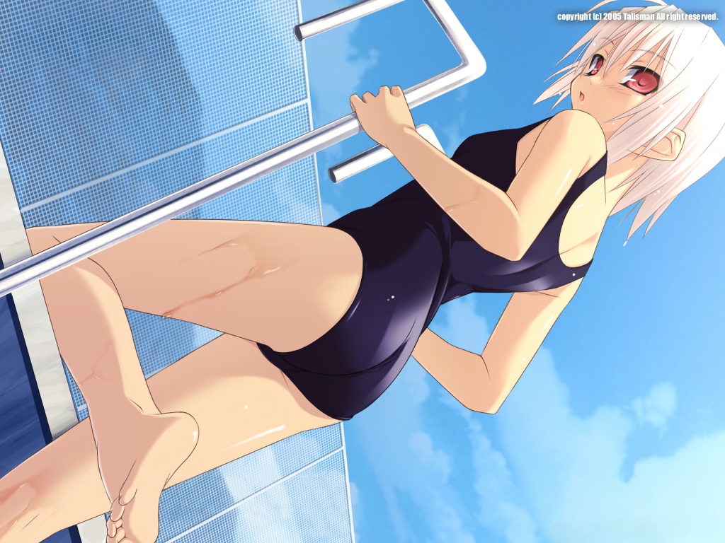 ninozen, character request, source request, 1girl, albino, barefoot, day, dutch angle, feet, female focus, fence, from behind, from below, hill, looking back, one-piece swimsuit, outdoors, pool, pool ladder, poolside, red eyes, school swimsuit, sky, soles, solo, swimsuit, wet, white hair