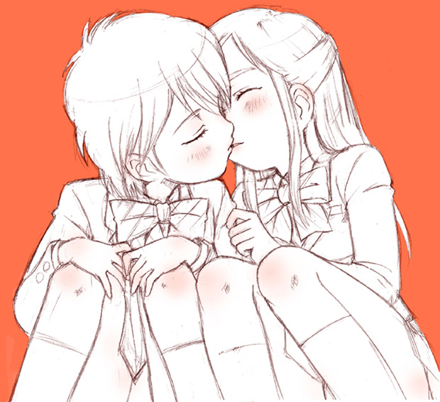 misumi nagisa, yukishiro honoka, futari wa precure, precure, 00s, 2girls, blush, closed eyes, couple, female focus, kiss, long hair, monochrome, multiple girls, orange background, school uniform, serafuku, short hair, simple background, sketch, spot color, yuri