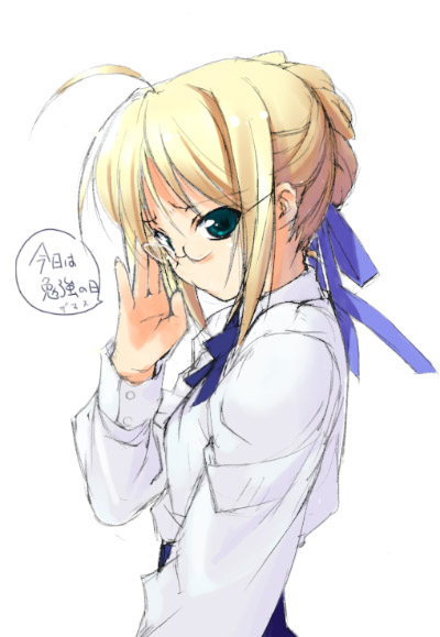 minamino kanata, artoria pendragon (fate), saber (fate), fate/stay night, fate (series), 00s, bespectacled, blouse, braid, braided bun, glasses, hair bun, shirt, solo