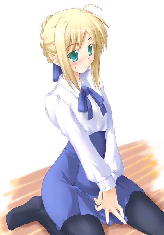 soba (saz), artoria pendragon (fate), saber (fate), fate/stay night, fate (series), 00s, 1girl, blonde hair, blouse, braid, dress, female focus, green eyes, pantyhose, shirt, sitting, solo, thighhighs