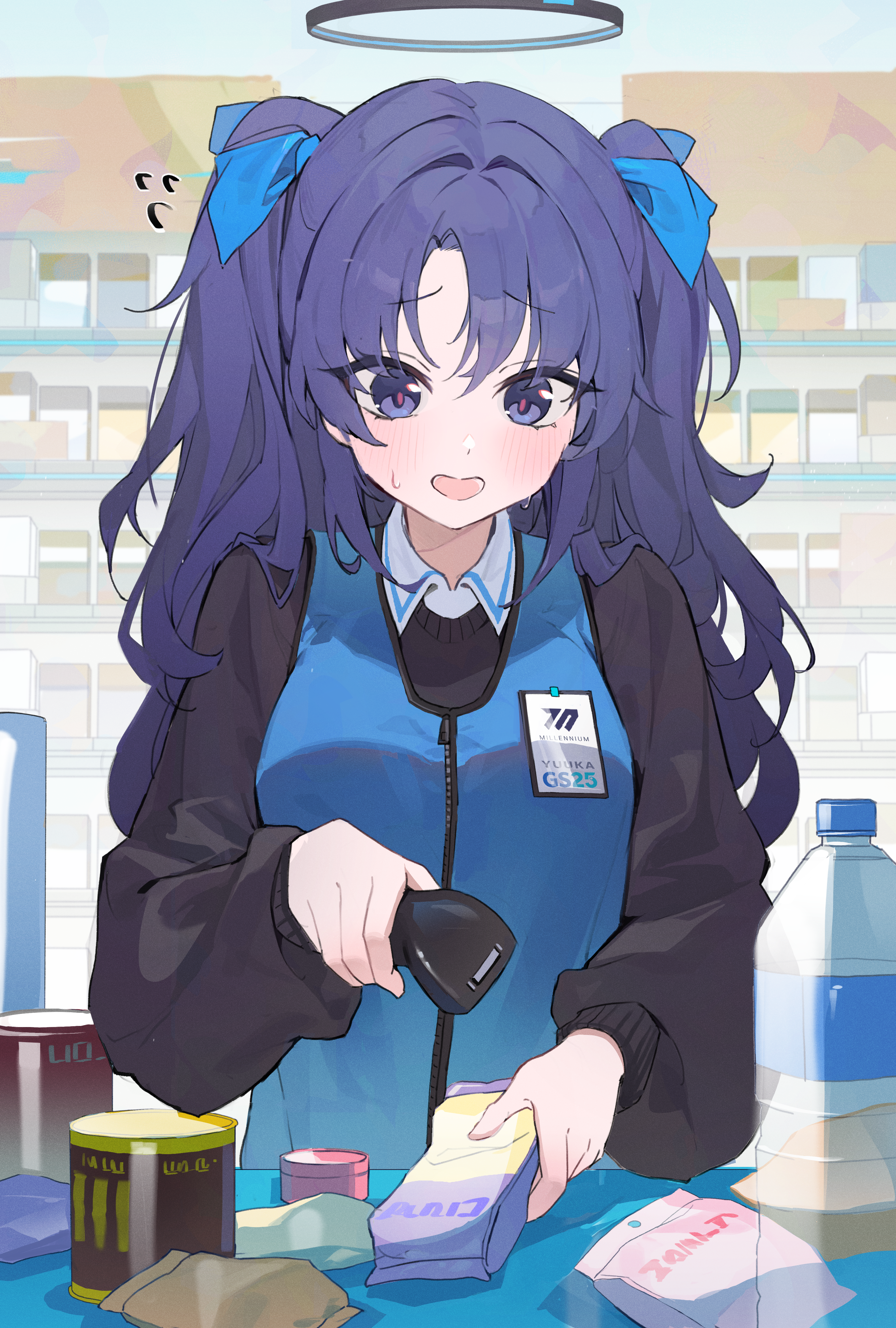 yuuka (blue archive), blue archive, absurdres, commentary request, highres, 1girl, barcode scanner, black sweater, blue ribbon, blue vest, blush, bottle, cashier, convenience store, flying sweatdrops, hair ribbon, holding, holding barcode scanner, indoors, long hair, long sleeves, mill bbang, open mouth, plastic bottle, puffy long sleeves, puffy sleeves, purple eyes, purple hair, ribbon, shop, solo, sweatdrop, sweater, two side up, upper body, vest, water bottle