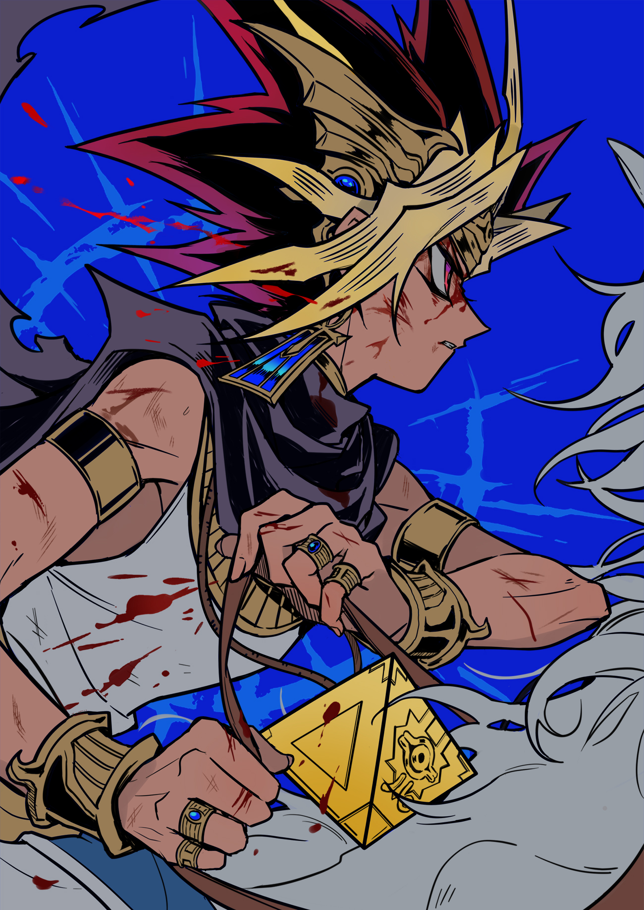 saka nagiya, atem, yu-gi-oh!, yu-gi-oh! duel monsters, highres, 1boy, ancient egyptian clothes, bare shoulders, black hair, blonde hair, blood, blood on face, blue background, dark-skinned male, dark skin, from side, horse, medium hair, millennium puzzle, multicolored hair, profile, purple eyes, purple hair, riding, shirt, simple background, solo focus, spiked hair, upper body, white shirt