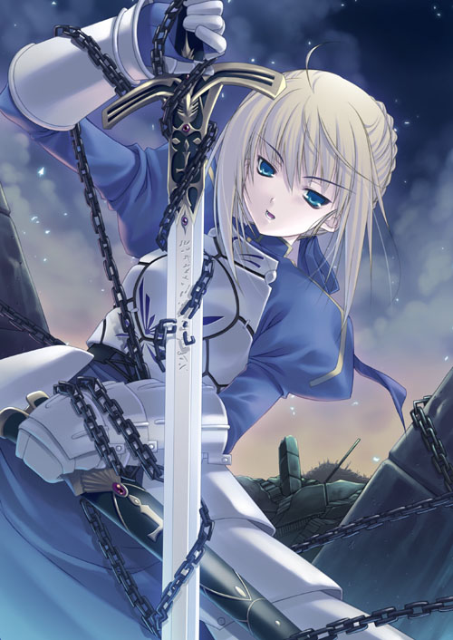 hagure keg, artoria pendragon (fate), saber (fate), fate/stay night, fate (series), 00s, 1girl, ahoge, armor, armored dress, blonde hair, blue eyes, broken, broken chain, caliburn (fate), chain, cloud, dress, female focus, gauntlets, hair ribbon, open mouth, outdoors, ribbon, scabbard, sheath, short hair, sky, solo, star (sky), starry sky, sword, unlimited art works, weapon