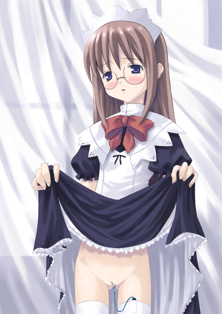 kagura mizuki, original, non-web source, 1girl, blue eyes, blush, brown hair, clothes lift, discreet vibrator, female focus, glasses, lifting own clothes, loli, long hair, maid, no panties, pussy, sex toy, skirt, skirt lift, solo, thighhighs, uncensored, vibrator, vibrator in thighhighs