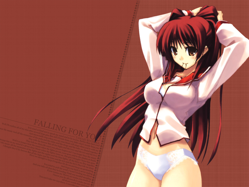 shingo (missing link), kousaka tamaki, to heart (series), to heart 2, 00s, 1girl, blush, bottomless, bra, brown eyes, dressing, female focus, lace, lace-trimmed panties, lace trim, lingerie, long hair, mouth hold, no pants, panties, red hair, school uniform, serafuku, solo, underwear, white panties