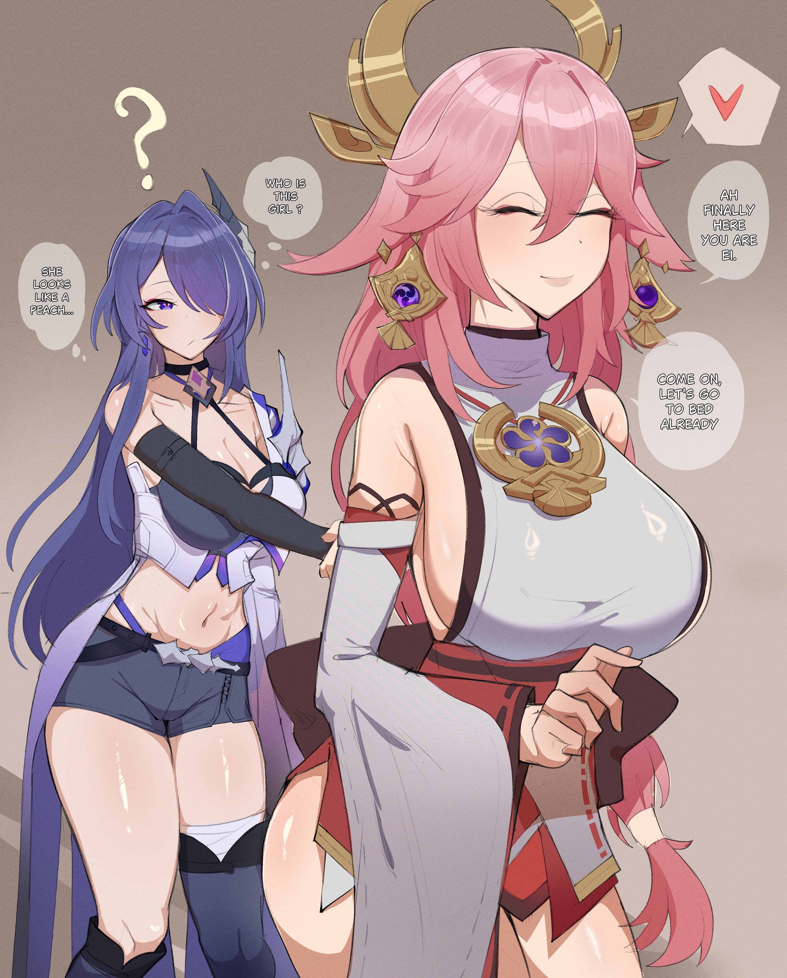 valen (valentineart), acheron (honkai: star rail), yae miko, genshin impact, honkai: star rail, honkai (series), mihoyo, absurdres, commentary, english commentary, highres, 2girls, ?, alternate breast size (larger), alternate universe, animal ear piercing, animal ears, armor, asymmetrical footwear, bare shoulders, black shorts, bra, breasts, brown background, cleavage, closed eyes, closed mouth, collarbone, crop top, detached sleeves, english text, eyelashes, eyeliner, fox ears, fox girl, gradient background, hair intakes, hair ornament, hair over one eye, headpiece, holding hands, huge breasts, implied futanari, implied sex, in-franchise crossover, japanese clothes, jewelry, light blush, light smile, long hair, long sleeves, looking to the side, low-tied long hair, makeup, mitsudomoe (shape), multicolored eyes, multicolored hair, multiple girls, navel, nontraditional miko, pendant, pink hair, purple eyes, purple hair, red eyeliner, shade, shadow, short shorts, shorts, shoulder armor, sideboob, speech bubble, standing, streaked hair, thick thighs, thighs, thought bubble, tomoe (symbol), toned, toned female, underwear, uneven footwear, upper body, walking, wide sleeves