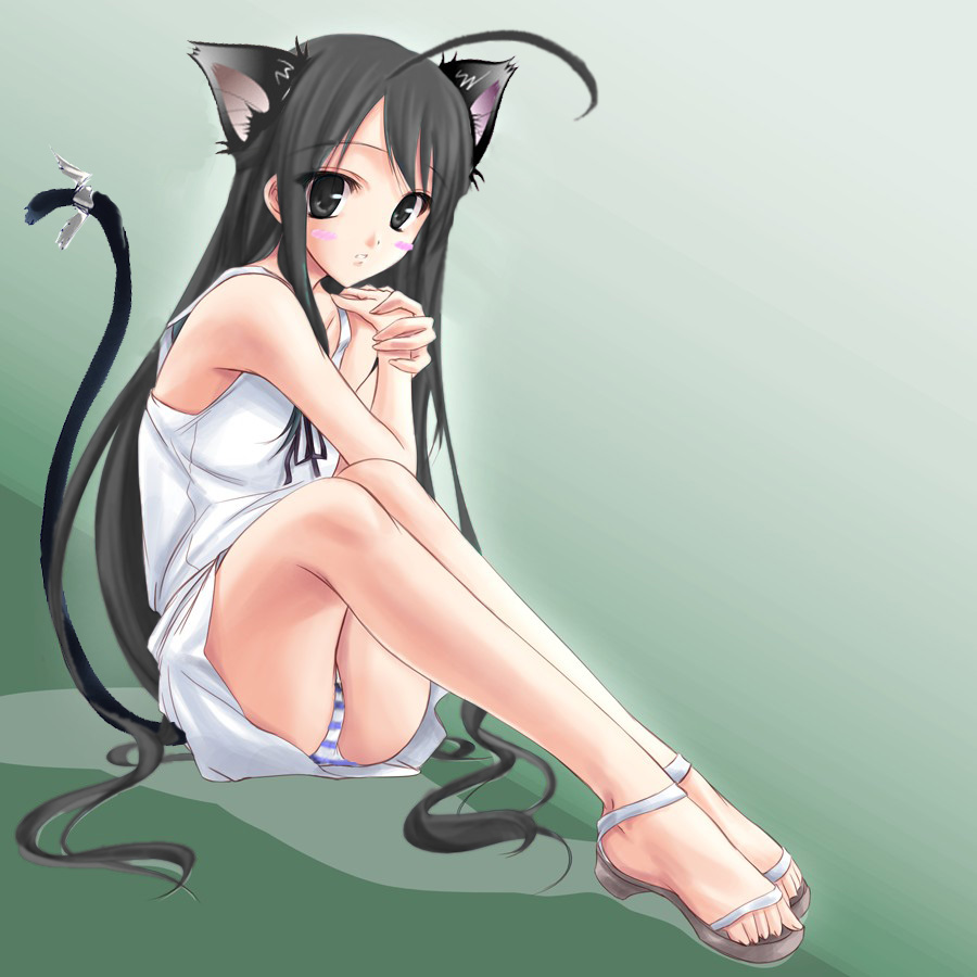 tenmaso, saya (saya no uta), saya no uta, striped, third-party edit, 1girl, animal ears, black hair, blush, cat ears, cat tail, feet, female focus, loli, long hair, sandals, solo, tail, toes, very long hair