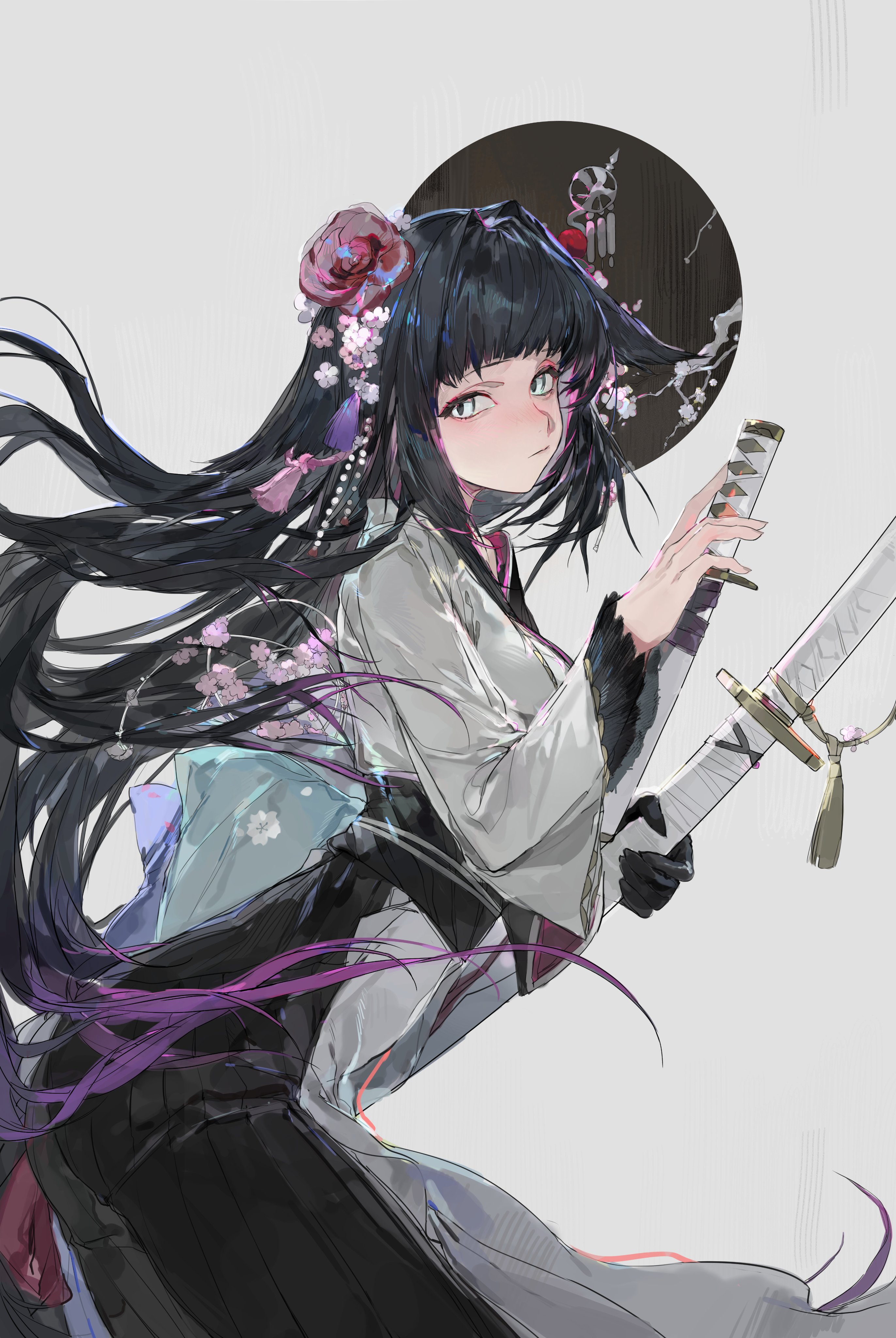qingfeng canying, mio (arknights), arknights, absurdres, highres, 1girl, black gloves, black hair, black kimono, black sash, flower, gloves, grey eyes, hair flower, hair ornament, hair wings, japanese clothes, katana, kimono, long hair, long sleeves, looking at viewer, obi, pink flower, sash, single glove, solo, sword, two-tone kimono, very long hair, wakizashi, weapon, white kimono