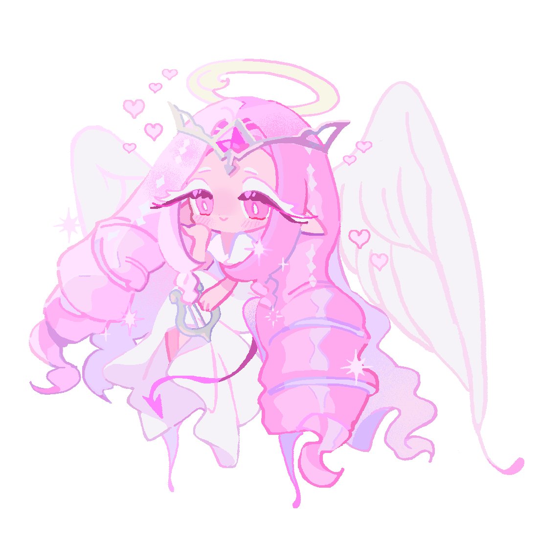 reed, eternal sugar cookie, cookie run, cookie run: kingdom, 1girl, angel wings, circlet, closed mouth, colored skin, demon tail, dress, drill hair, eyelashes, full body, gem, halo, hand on own face, hand up, head wings, heart, heart-shaped gem, holding, holding instrument, holding lyre, instrument, long hair, looking to the side, lyre, pink eyes, pink gemstone, pink hair, pink skin, pointy ears, simple background, sitting, sleeveless, sleeveless dress, smile, solo, sparkle, tail, very long hair, white background, white dress, white eyeshadow, wings, yellow halo