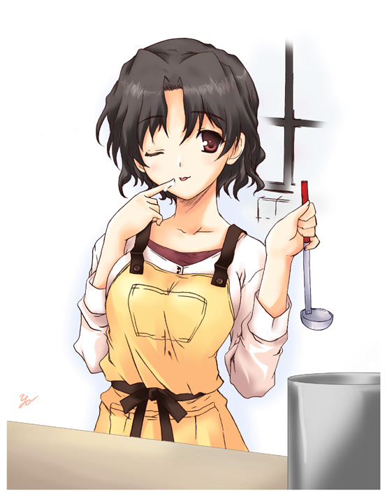 maman, yuzuhara haruka, to heart (series), to heart 2, 00s, ;p, apron, cooking, cooking pot, one eye closed, tongue, tongue out, wink