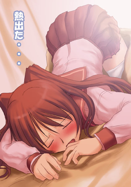 kousaka tamaki, to heart (series), to heart 2, 00s, 1girl, blush, closed eyes, female focus, pleated skirt, red hair, school uniform, serafuku, sexually suggestive, skirt, solo, thighhighs
