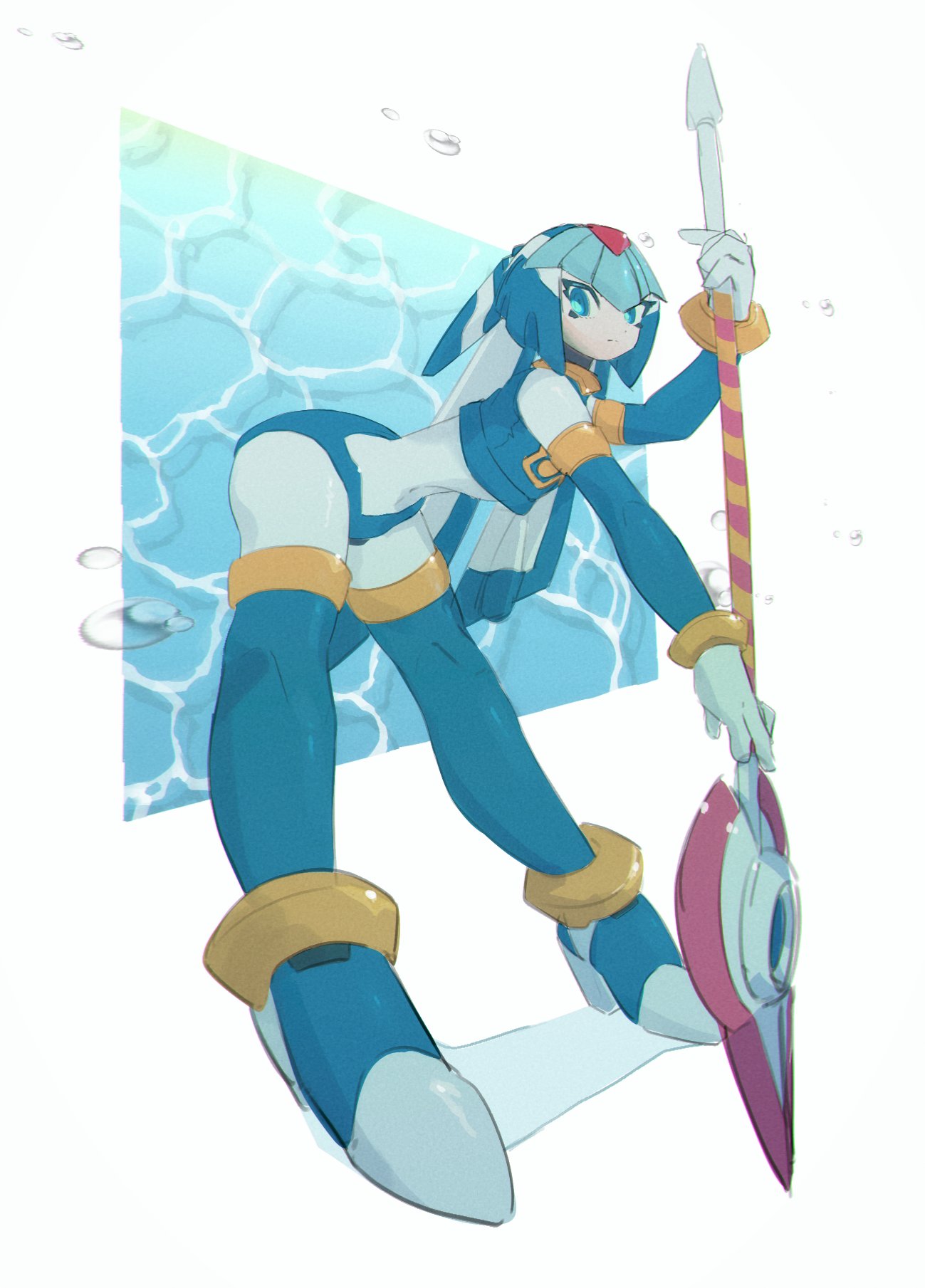 lemon inu, fairy leviathan (mega man), mega man (series), mega man zero (series), highres, 1girl, armor, bent over, blue eyes, forehead jewel, full body, helmet, holding, holding polearm, holding weapon, polearm, red armor, red helmet, simple background, solo, spear, weapon, white background
