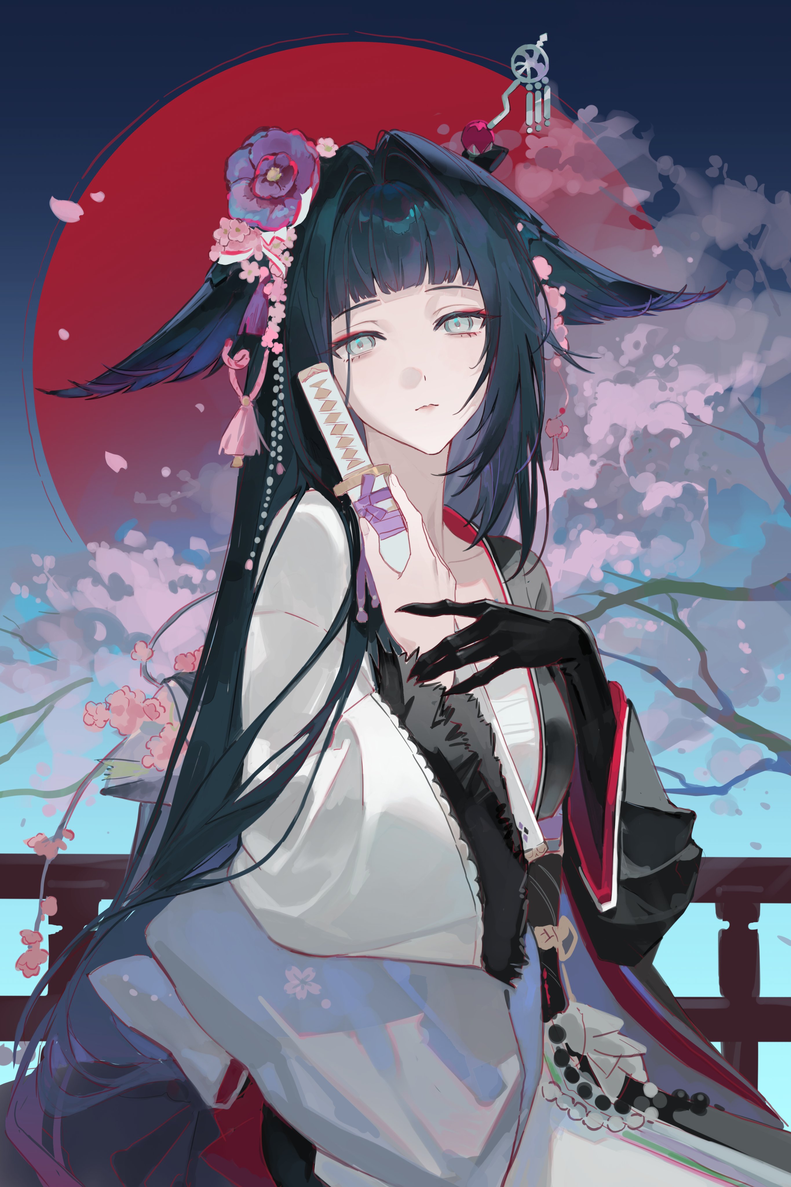 wu tang qishui zhuanying dian, mio (arknights), arknights, absurdres, highres, 1girl, black gloves, black hair, black kimono, cherry blossoms, chest sarashi, flower, gloves, grey eyes, hair flower, hair ornament, hair wings, japanese clothes, kimono, long hair, long sleeves, looking at viewer, pink flower, sarashi, single glove, solo, sword, two-tone kimono, very long hair, wakizashi, weapon, white kimono