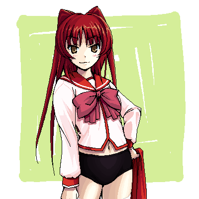 kabayaki unagi, kousaka tamaki, to heart (series), to heart 2, lowres, 00s, 1girl, blouse, blush, brown hair, buruma, cowboy shot, female focus, gym uniform, hand on own hip, long hair, no pants, oekaki, red hair, school uniform, serafuku, shirt, skirt, solo, standing, undressing, unworn skirt, white shirt