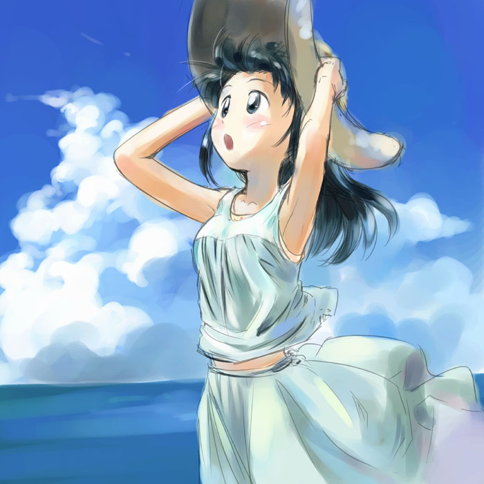 ikeda jun (mizutamari), original, 1girl, black hair, blue eyes, cloud, day, dress, female focus, hat, outdoors, sky, solo, straw hat, water, wind