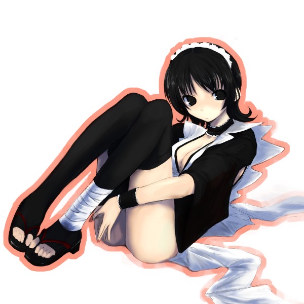 akahoshi kenji, iroha (samurai spirits), samurai spirits, 1girl, black eyes, black hair, feet, female focus, flipped hair, long legs, sandals, solo, toeless legwear, toes, zouri