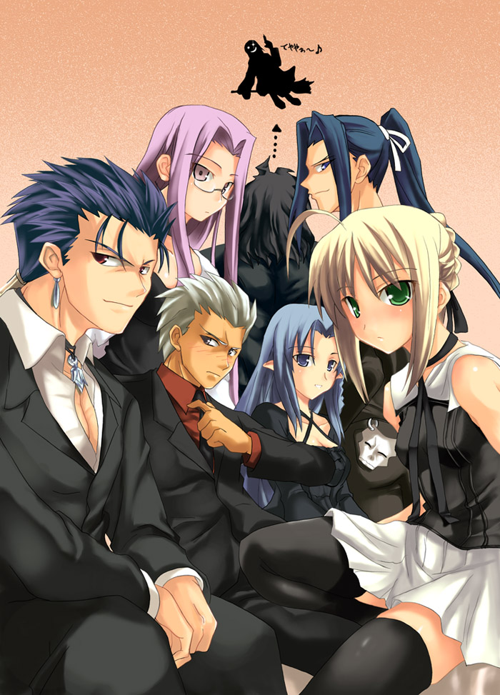 soba (saz), archer (fate), artoria pendragon (fate), cu chulainn (fate), cu chulainn (fate/stay night), hassan of the cursed arm (fate), heracles (fate), kohaku (tsukihime), medea (caster) (fate), medea (fate), medusa (fate), medusa (rider) (fate), saber (fate), sasaki kojirou (fate), fate/stay night, fate (series), tsukihime, black legwear, 00s, 4girls, 5boys, antenna hair, arrow (symbol), assassin, black hair, blonde hair, brown eyes, crossover, dark-skinned male, dark skin, earrings, formal clothes, glasses, green eyes, hair bun, jewelry, multiple boys, multiple girls, necklace, necktie, pointy ears, ponytail, purple eyes, purple hair, red eyes, ribbon, single hair bun, skirt, square pupils, suit, thighhighs, white hair, white skirt, zettai ryouiki