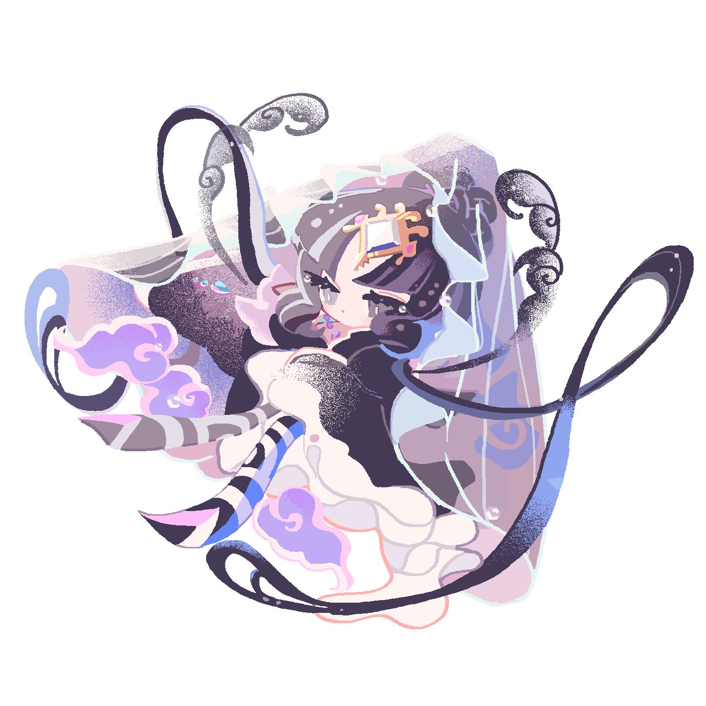 reed, mystic flour cookie, cookie run, cookie run: kingdom, highres, 1girl, back bow, black bow, black dress, black hair, black veil, blue hair, bow, chinese clothes, closed mouth, cloud, colored skin, dress, eyelashes, eyeshadow, flying, forehead jewel, full body, gem, hair bun, half-closed eyes, long sleeves, looking to the side, makeup, multicolored hair, parted bangs, pink eyeshadow, pink skin, purple eyes, purple gemstone, purple hair, see-through clothes, see-through veil, short hair, sidelocks, simple background, solo, streaked hair, veil, waves, white background, wide sleeves