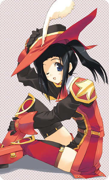 amazuyu tatsuki, red mage (final fantasy), final fantasy, final fantasy xi, 00s, 1girl, black hair, blue eyes, female focus, gloves, hume, looking at viewer, one eye closed, open mouth, ponytail, sitting, solo, thighhighs