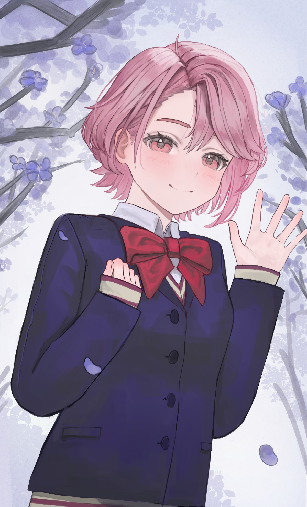 hiiasd1, shiratori aira (dandadan), dandadan, commentary, highres, 1girl, blue jacket, blush, bow, bowtie, branch, buttons, closed mouth, collared shirt, hair behind ear, jacket, kami high school uniform, long sleeves, looking at viewer, open hand, outdoors, pink hair, red bow, red bowtie, school uniform, shirt, short hair, sleeves past wrists, smile, upper body, waving, white shirt