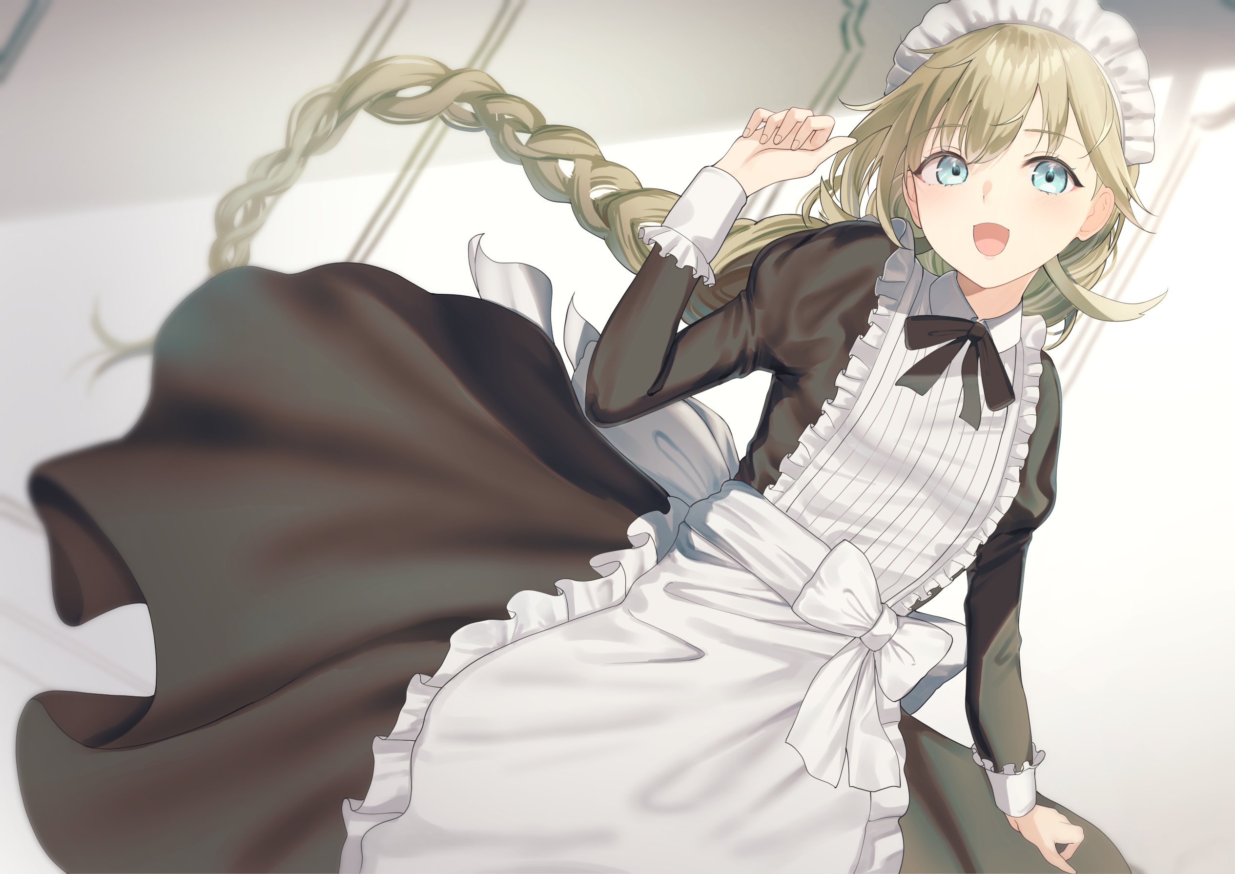 kairi (miry666), hanabusa lisa, vspo!, highres, 1girl, apron, black dress, blue eyes, braid, braided ponytail, brown hair, collar, dress, long hair, long sleeves, maid, maid apron, maid headdress, open mouth, single braid, solo, very long hair, virtual youtuber, white apron, white collar, white headdress