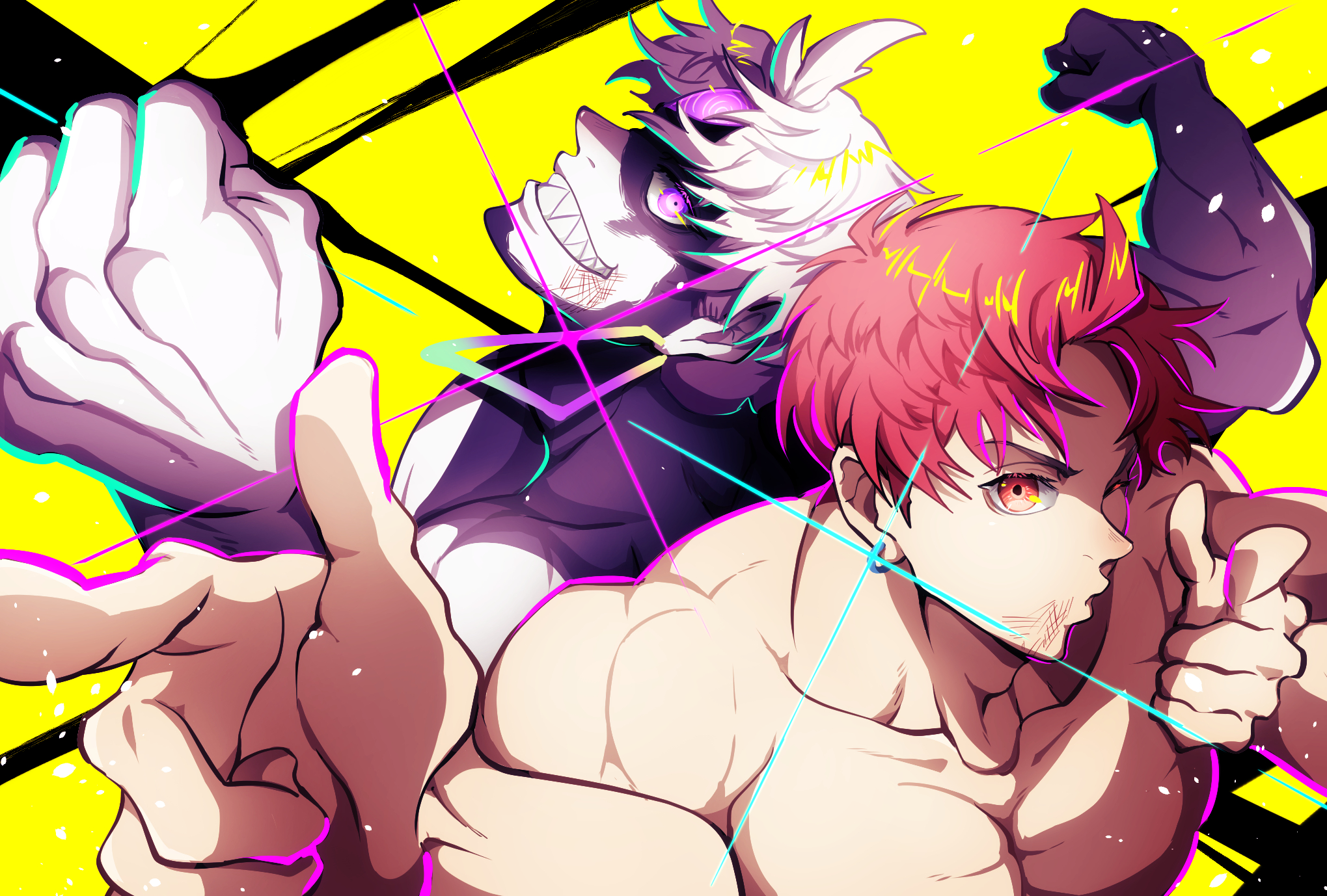 enjoji jin, evil eye (dandadan), dandadan, commentary request, highres, 2boys, back-to-back, collarbone, double finger gun, dual persona, earrings, finger gun, glint, glowing, glowing eyes, grin, jewelry, kuzumochi ruu, looking at viewer, male focus, multiple boys, muscular, muscular male, nude, pectorals, possessed, puckered lips, purple eyes, red hair, sharp teeth, short hair, smile, teeth, third eye, topless male, upper body, white hair, yellow background