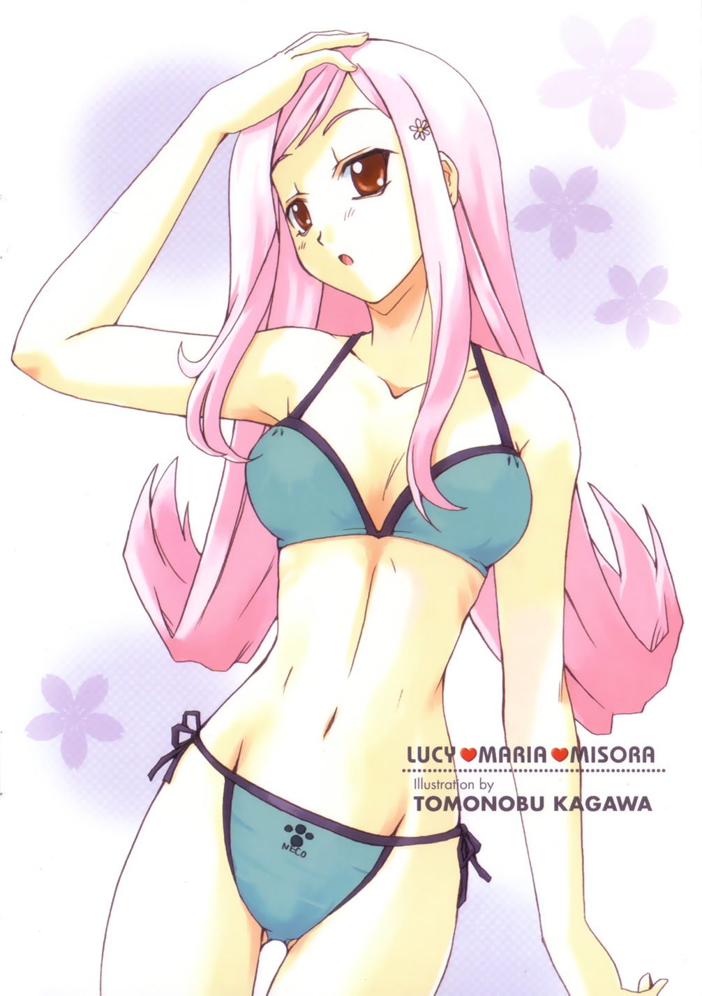 kagawa tomonobu, lucy maria misora, to heart (series), to heart 2, highres, 00s, bikini, character name, hair ornament, hairclip, long hair, pink hair, red eyes, side-tie bikini bottom, solo, string bikini, swimsuit