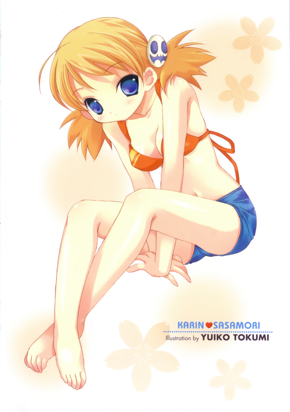 tokumi yuiko, sasamori karin, to heart (series), to heart 2, highres, 00s, barefoot, bikini, bikini top only, blue eyes, character name, feet, full body, orange bikini, short shorts, shorts, sitting, solo, swimsuit