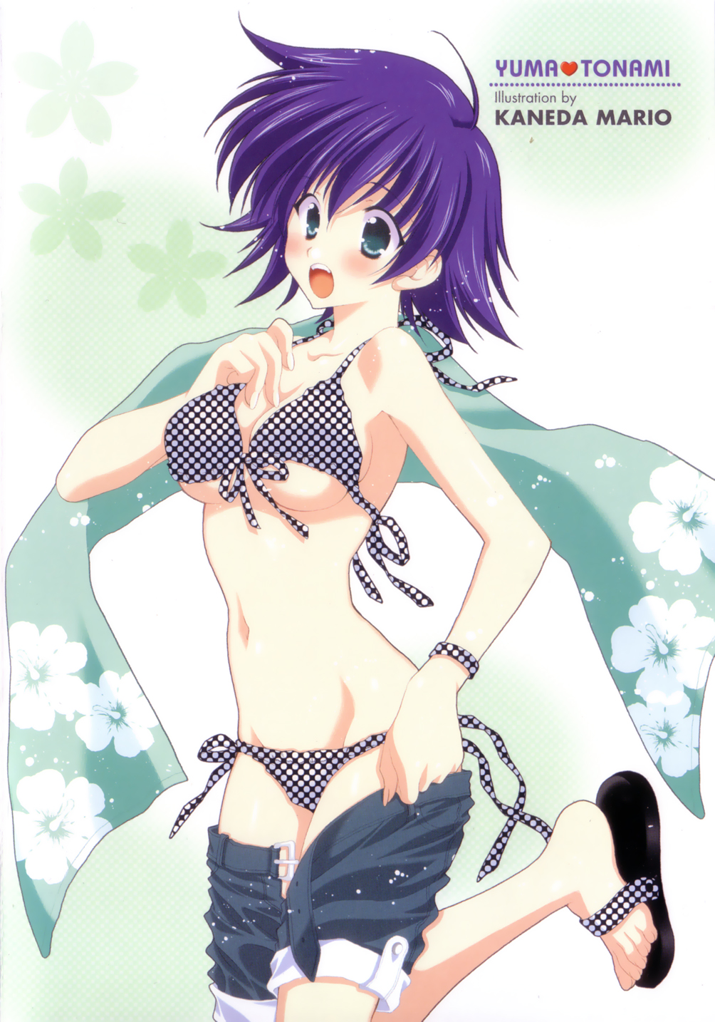 mario kaneda, tonami yuma, to heart (series), to heart 2, highres, scan, 00s, 1girl, ahoge, artist name, belt, bikini, black bikini, blue eyes, blue hair, blue shorts, blush, bracelet, breasts, character name, cleavage, clothes pull, collarbone, denim, denim shorts, feet, female focus, fingernails, flipped hair, floral print, flower, from side, front-tie bikini top, front-tie top, green background, groin, hair between eyes, hand on own chest, heart, hip focus, jewelry, leg lift, long fingernails, looking at viewer, matching hair/eyes, medium breasts, narrow waist, navel, open fly, open mouth, polka dot, polka dot bikini, polka dot swimsuit, purple hair, sandals, shawl, short hair, shorts, shorts pull, side-tie bikini bottom, sideboob, solo, string bikini, swimsuit, underboob, undressing, unfastened, white background, white bikini
