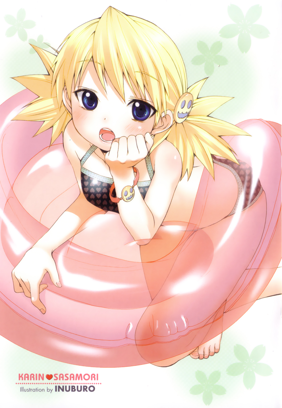 inuburo, sasamori karin, aquaplus (company), leaf (series), to heart, to heart (series), to heart 2, highres, 00s, bikini, blonde hair, blue eyes, blush, bracelet, character name, hair ornament, hairclip, innertube, jewelry, open mouth, solo, swim ring, swimsuit, tankini