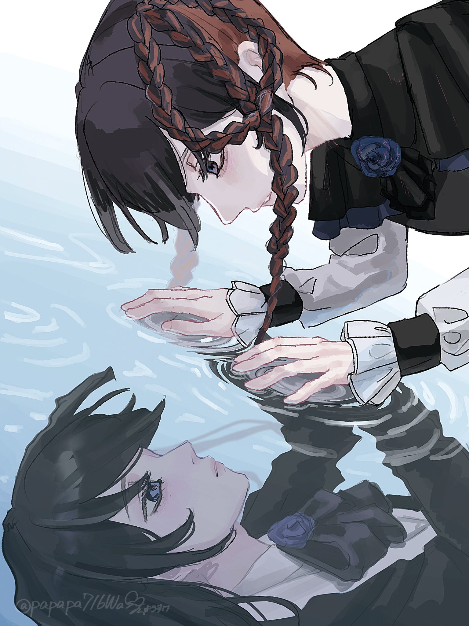 yurosuke, chando (ado), ado (utaite), commentary request, highres, 1girl, aegyo sal, black bow, black bowtie, black eyes, black hair, blue eyes, blue flower, blue rose, bow, bowtie, braid, different reflection, flower, mole, mole under eye, red hair, reflection, rose, utaite