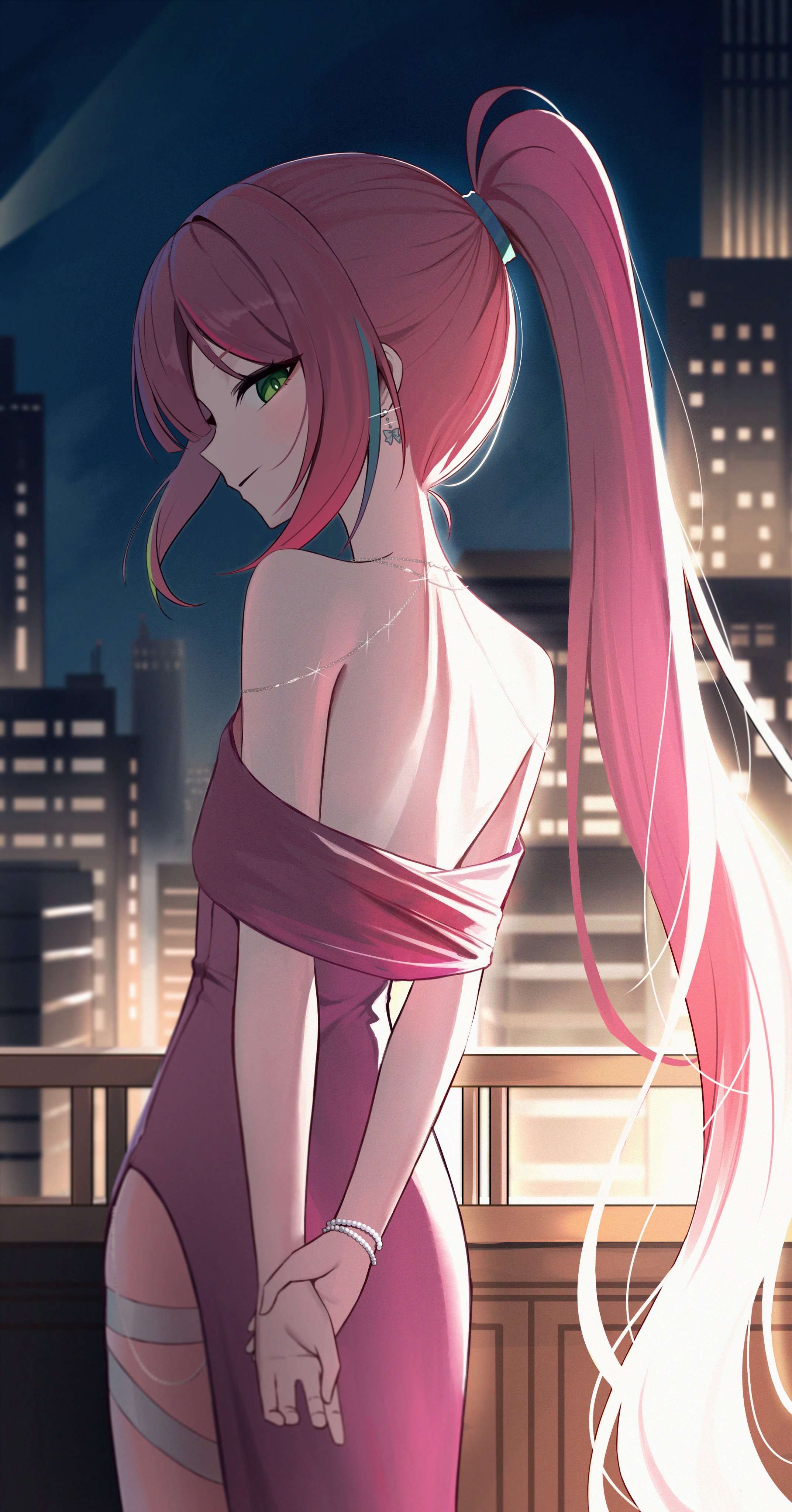 hanako nana, stellive, absurdres, commentary, highres, symbol-only commentary, 1girl, aqua streaks, arms behind back, balcony, bare back, bare shoulders, bow, bow earrings, bracelet, cityscape, closed mouth, cowboy shot, dress, earrings, evening gown, film grain, from behind, green eyes, holding own hand, jewelry, long hair, looking at viewer, looking back, multicolored hair, nape, night, night sky, off-shoulder dress, off shoulder, outdoors, pearl bracelet, pink dress, pink hair, ponytail, side slit, sky, solo, standing, streaked hair, thigh strap, turning head, very long hair, virtual youtuber, yireh