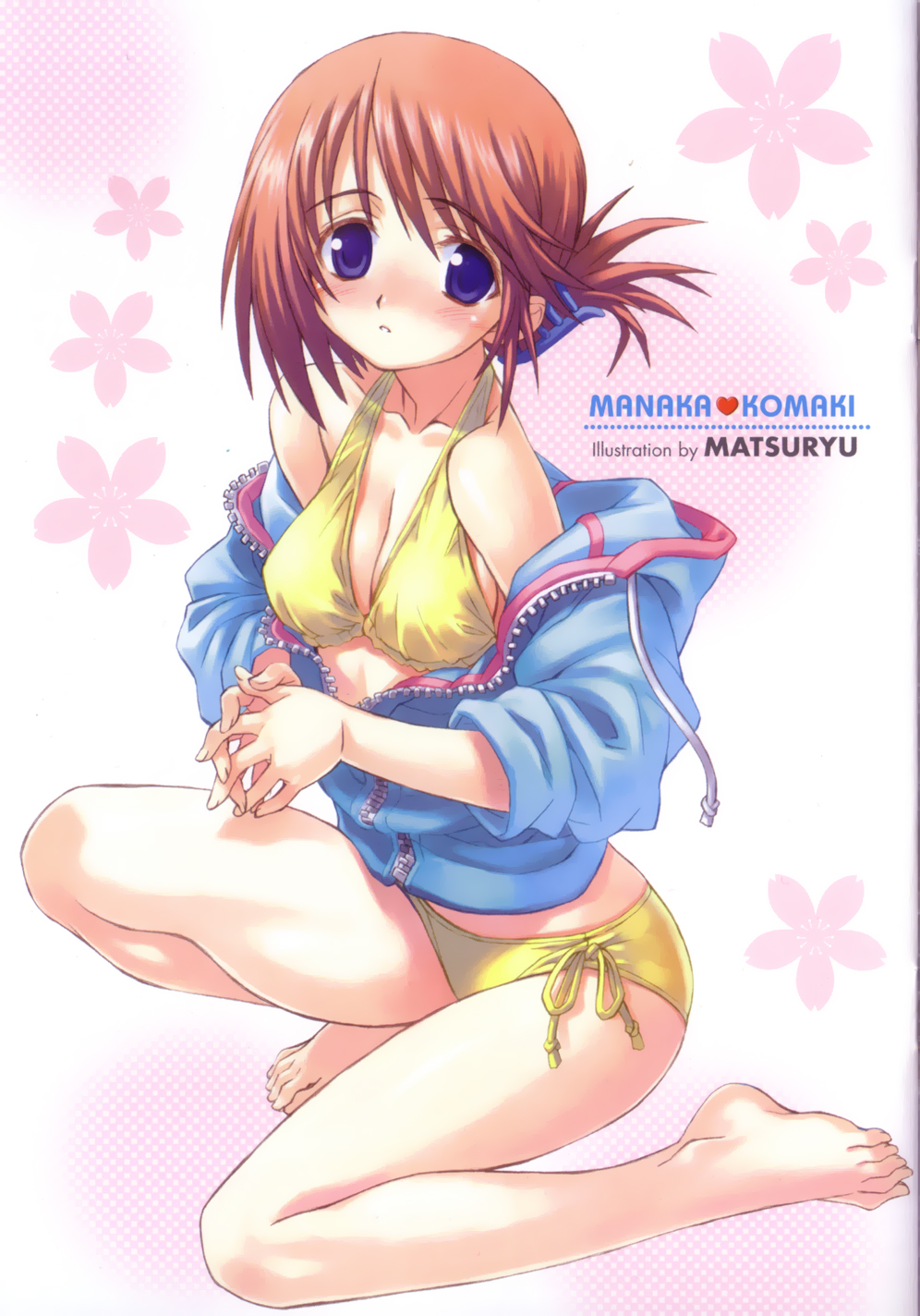 matsuryuu, komaki manaka, to heart (series), to heart 2, highres, 00s, 1girl, bikini, blue eyes, breasts, character name, cleavage, female focus, folded ponytail, on one knee, orange hair, side-tie bikini bottom, solo, swimsuit, yellow bikini, zipper