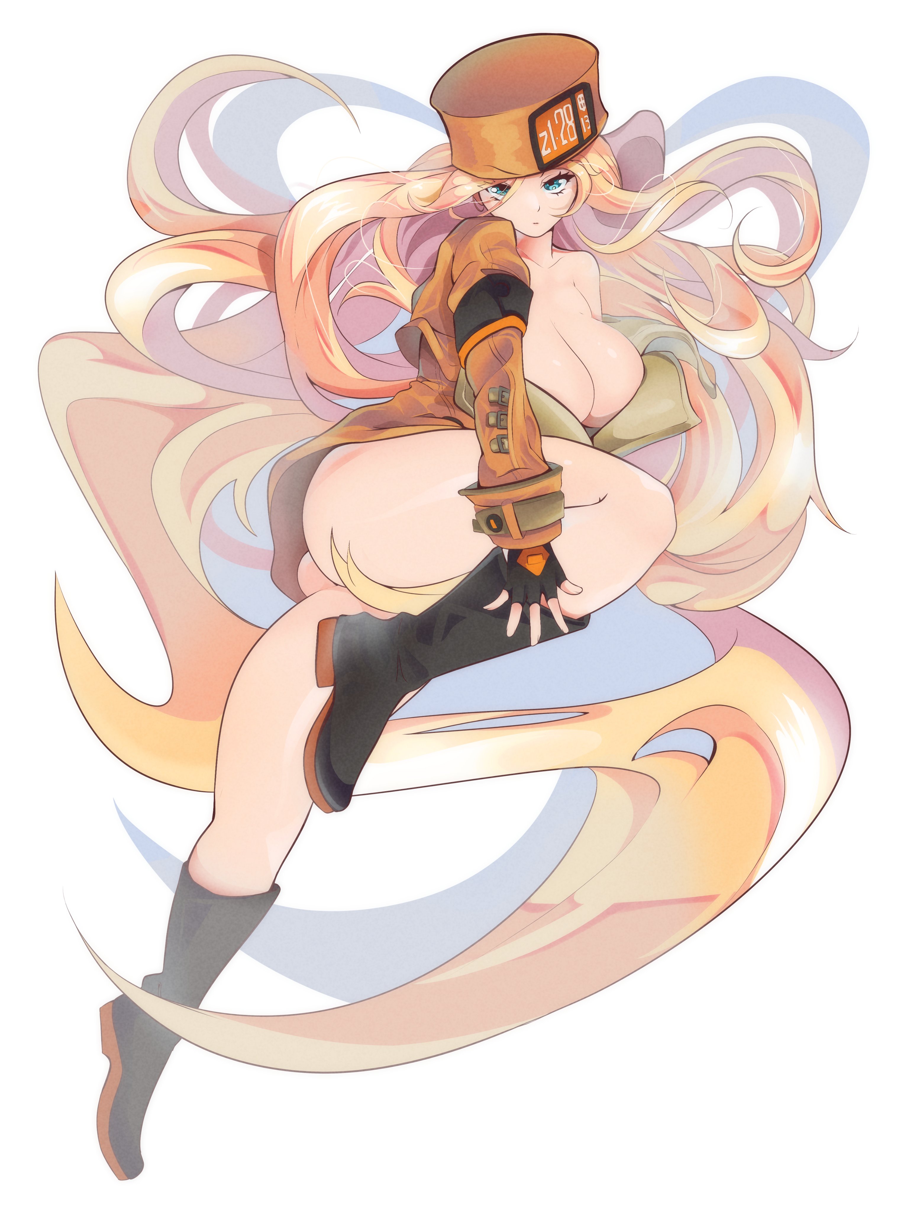 molu (molu-molu), millia rage, guilty gear, absurdres, highres, 1girl, ass, black boots, blonde hair, blue eyes, boots, breasts, cleavage, full body, hat, large breasts, long hair, orange hat, simple background, single bare shoulder, solo, very long hair, white background